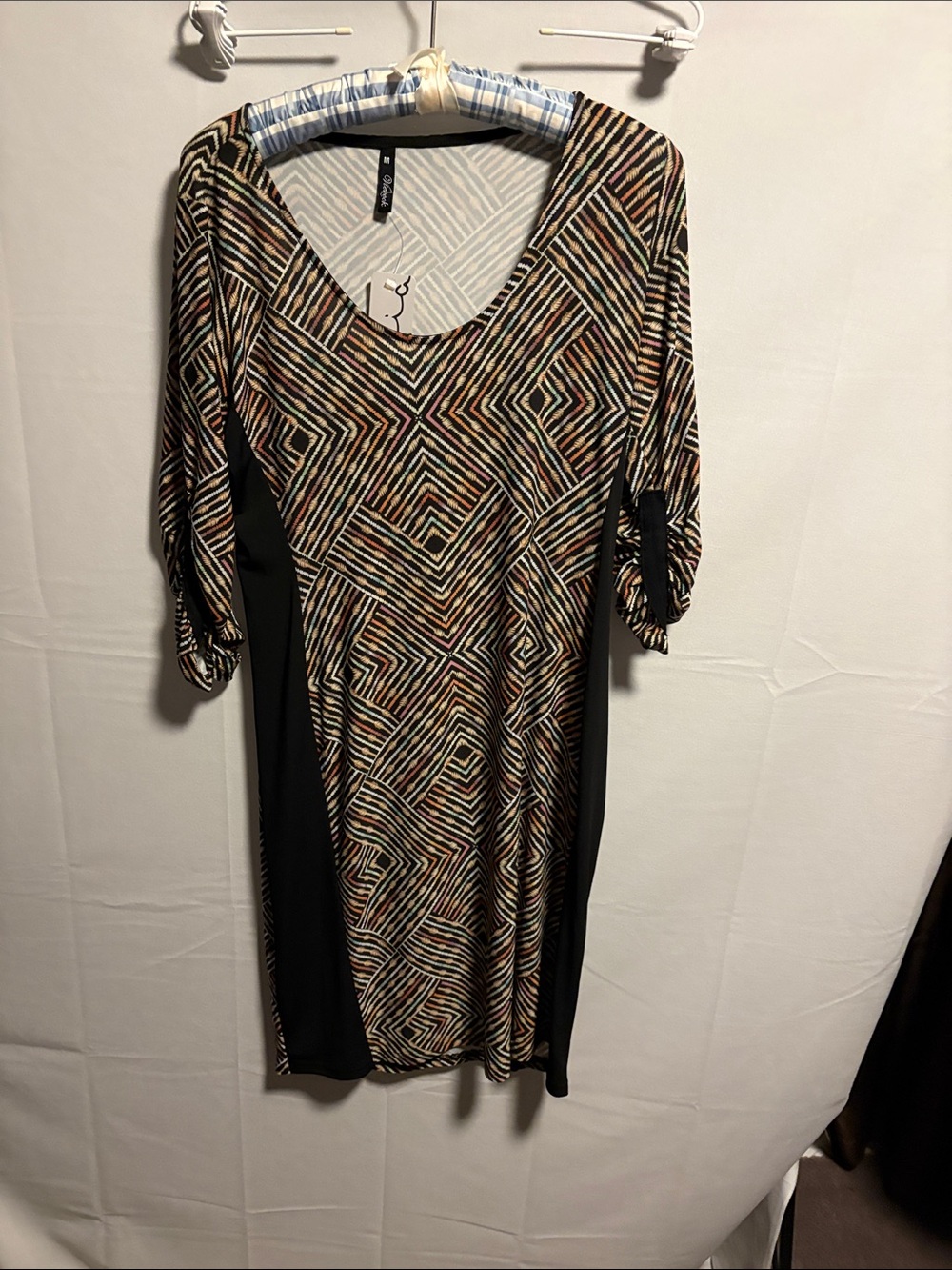 Geo-Pattern V-Neck Long Sleeve Dress with Black Side Panels